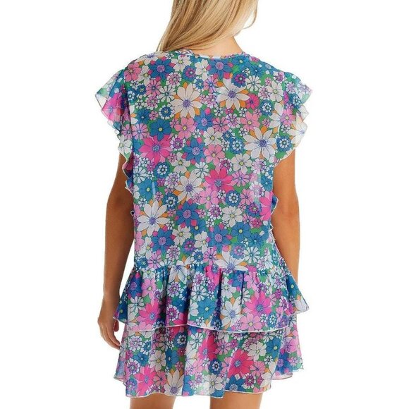 Jessica Simpson Swim Cover-Up Floral Crazy Daisy Chiffon Tiered Cover Dress L - Picture 3 of 4